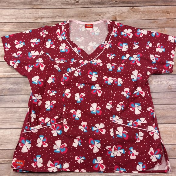 Dickies Small Scrub Top Dark Red Floral Polka Dots - Picture 3 of 6